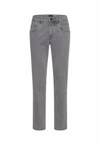 Jean en denim gris avec une coupe droite, cinq poches, coutures contrastées et une fermeture à bouton à la taille.