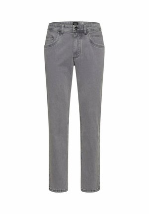 Grijze denim jeans met een rechte pasvorm, vijf zakken, contrasterende stiksels en een knoopsluiting bij de tailleband.