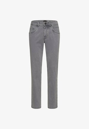 Grijze denim jeans met een rechte pasvorm, vijf zakken, contrasterende stiksels en een knoopsluiting bij de tailleband.
