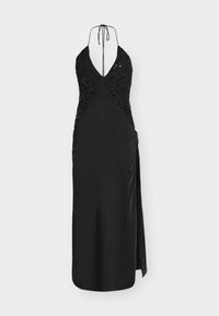 Black evening dress with a plunging neckline, sequined bodice, sleek satin skirt, adjustable tie straps, and a side slit.