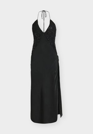 Schwarzes Abendkleid mit tiefem Ausschnitt, Paillettenbesatz am Oberteil, eleganter Satinschürze, verstellbaren Trägern zum Binden und einem Seitenschlitz.