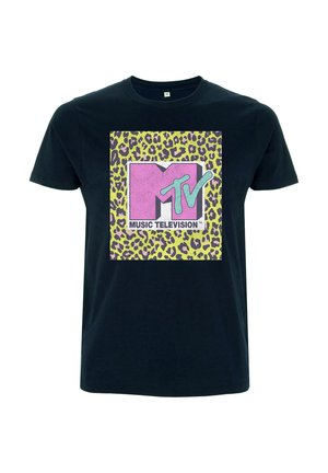 Schwarzes Baumwoll-T-Shirt mit einem großen Grafikdesign, das ein pinkes MTV-Logo auf einem gelben Leopardenmuster zeigt. Runder Ausschnitt, kurze Ärmel.