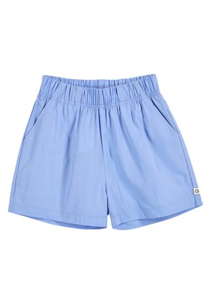 Light blue elastic waist shorts with side pockets and a small logo tag on the bottom hem, displayed flat on a white background.