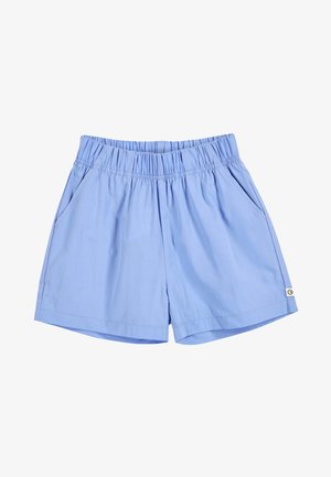 Light blue elastic waist shorts with side pockets and a small logo tag on the bottom hem, displayed flat on a white background.