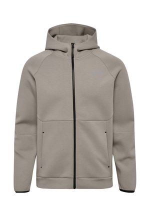 Grå zip-up-huvtröja med huva, raglanärmar, två framfickor och en slät textur. Inkluderar kontrasterande svart dragkedja och detaljer.