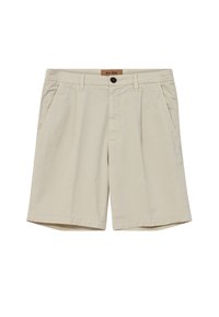 Beige shorts lavet af letvægtsstof, med knaplukning, to forlommer, plisseret design og kantede kanter.
