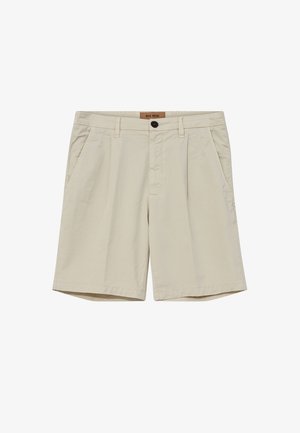 Beige shorts lavet af letvægtsstof, med knaplukning, to forlommer, plisseret design og kantede kanter.