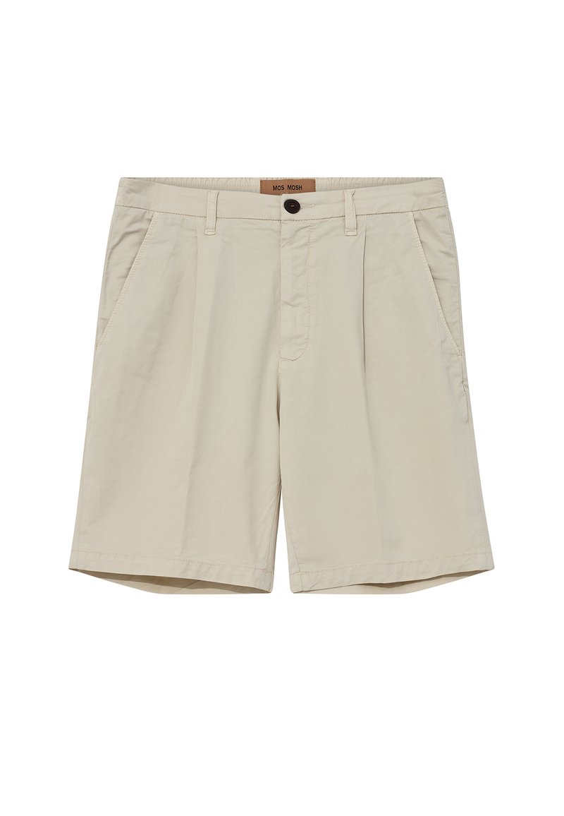 Beige shorts lavet af letvægtsstof, med knaplukning, to forlommer, plisseret design og kantede kanter.