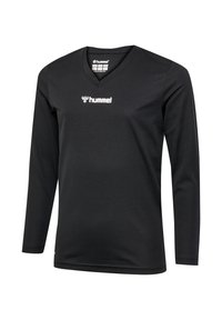 Schwarzes Langarmshirt aus weichem Material mit einem V-Ausschnitt. Mit einem weißen Logo auf der Brust und einer strukturierten Oberfläche.