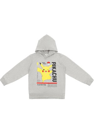 Grey hoodie featuring a large yellow Pikachu graphic, “Pikachu #0025,” and lightning icons, made of soft fabric with a front kangaroo pocket.
