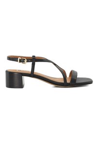 Sandale en cuir noir avec deux fines brides et un design de bride en T, dotée d'un bout carré et d'un talon épais. Boucle de cheville ajustable.