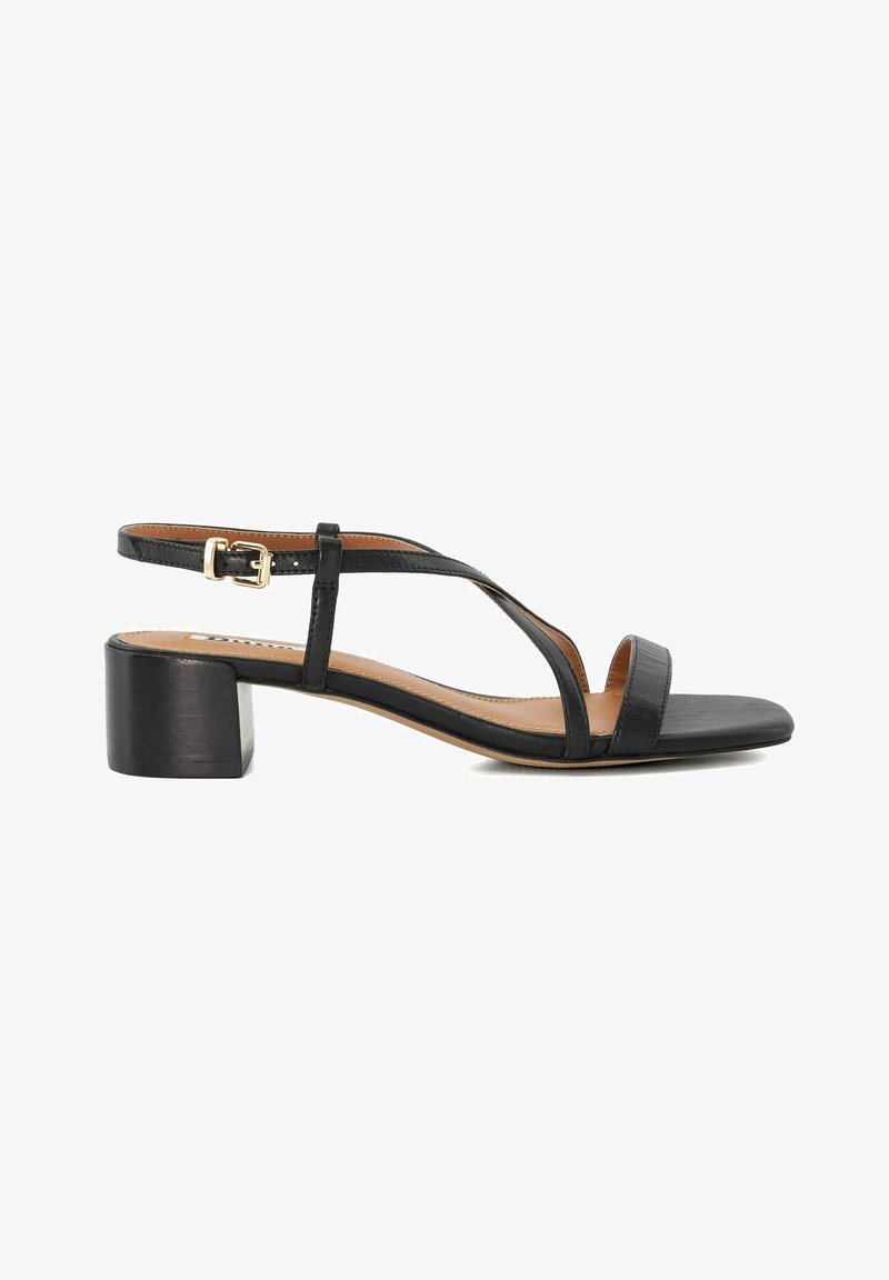 Sandale en cuir noir avec deux fines brides et un design de bride en T, dotée d'un bout carré et d'un talon épais. Boucle de cheville ajustable.