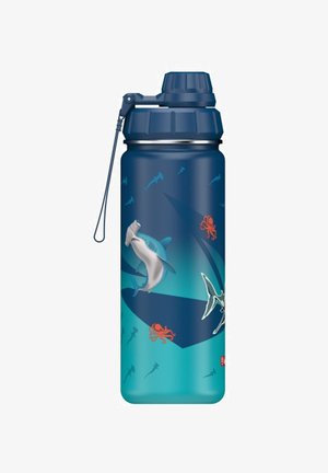 Blaue isolierte Wasserflasche mit Deckel. Verfügt über ein_gradient_design mit Haien und Kraken. Hergestellt aus Edelstahl mit mattem Finish.