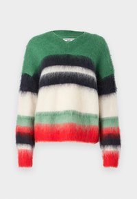 V-neck sweater made of fluffy material featuring horizontal stripes in green, white, black, grey, and red. Soft texture and relaxed fit.