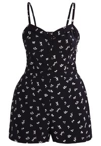 Svart jumpsuit med vitt blommönster, utrustad med justerbara axelremmar, knappstängning fram och en figursydd midja, tillverkad av lättviktsmaterial.