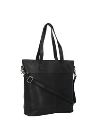 Zwarte lederen tote bag met dubbele handvatten en een verstelbare schouderriem. Bevat vlakke voorvakken en een gladde textuur.