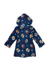 Robe con cappuccio blu realizzato in morbido pile, caratterizzato da un motivo di cani cartoon e impronte colorate. Include una vita con lacci e maniche lunghe.