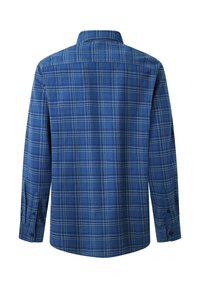Camicia a maniche lunghe a scacchi blu con accenti verdi. Presenta un colletto a punta e polsini con bottoni. Tessuto morbido con motivo a quadri.