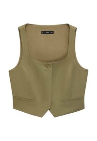 Oliwkowa krótka kamizelka z kwadratowym dekoltem, zapięciem na jeden guzik i dwiema fałszywymi kieszeniami z przodu. Gładki materiał o delikatnej fakturze.