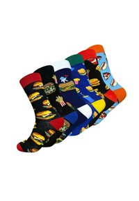 Sechs Paar bunte Socken mit Lebensmittelmotiven, darunter Hamburger, Pommes und Pizza, in verschiedenen Farben und Designvarianten.
