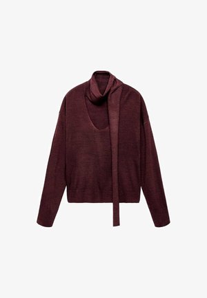 Maglione a maglia bordeaux con sciarpa lunga e attaccata, scollatura ampia e vestibilità morbida. Presenta un orlo a coste e una texture morbida.