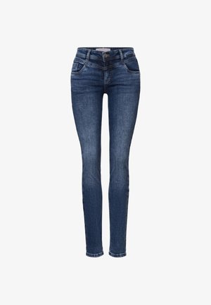 Slim-Fit-Jeans aus dunkelblauem Denim mit hoher Taille, Fronttaschen und einem dezenten Farbverlauf. Die kontrastierenden Nähte betonen das Design.