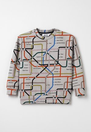 Sweat-shirt beige à manches longues avec un design coloré d'une carte abstraite du métro contenant des mots tels que Découvrir, Explorer, Futur et Connaissance.