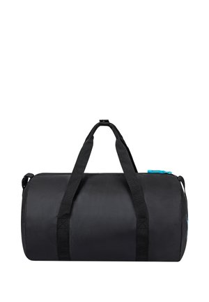 Black cylindrical duffel bag with two long handles and a blue zipper pull on a white background.