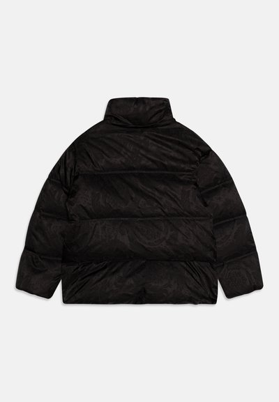 Black puffer jacket with a high collar, featuring a textured pattern. The design includes stitched sections for insulation and wide sleeves.