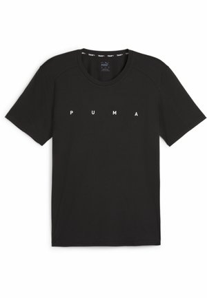 Sort Puma T-shirt med korte ærmer og rund halsudskæring med mærkenavnet "PUMA" trykt i hvide bogstaver med mellemrum på fronten.
