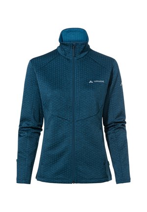 Giacca in fleece con un motivo esagonale testurizzato in blu scuro, zip completa, colletto alto e orlo regolabile con dettaglio del logo sul petto.