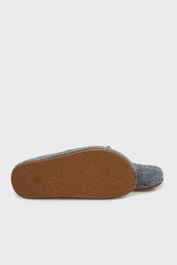 Gray felt slipper with a rubber sole, featuring a textured, brown bottom for grip and a simple, rounded design.