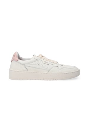 White leather sneaker with a rounded toe, textured surface, light pink heel accent, and perforated design details, featuring a thick sole.
