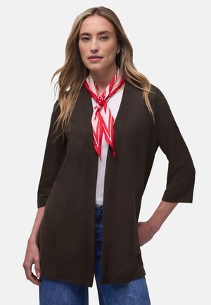 Kvinde iført brun cardigan med åbent forstykke, hvid skjorte, rød- og hvidstribet halstørklæde og blå jeans, stående med den ene hånd på hoften.