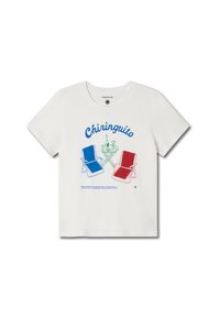 White cotton t-shirt featuring a graphic with red and blue beach chairs, a table, and text "Chiringuito" in blue. Simple round neck design.