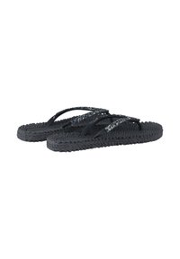 Ciabatte nere con suole testurizzate, caratterizzate da due cinturini lucidi e impreziositi per un tocco di stile in più. Design minimalista per un look informale.