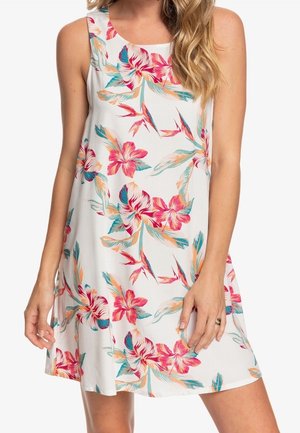 Mouwloze jurk met bloemendessin in crème, met levendige bloemen in roze, turquoise en oranje. A-lijn model, tot op de knie, lichtgewicht stof.