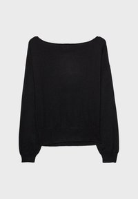 Maglione nero a maglia con scollo ampio, maniche lunghe e polsini e orlo a costine. Texture morbida, vestibilità comoda e design minimal.