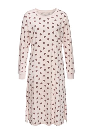 Langärmliges Nachthemd aus hellrosa Stoff, mit verstreuten braunen Herzmustern, rundem Halsausschnitt und gesäumten Ärmeln.