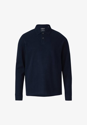 Marineblaue Langarm-Poloshirt mit gerippter Struktur, zwei Knöpfen am Ausschnitt und genähten Bündchen. Etikett innen am Kragen sichtbar.