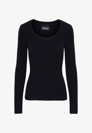 Schwarzes, geripptes Langarmoberteil mit einem Rundhalsausschnitt. Hergestellt aus elastischem Material, schmiegt es sich an den Körper, hat eine glatte Textur und ein minimalistisches Design.