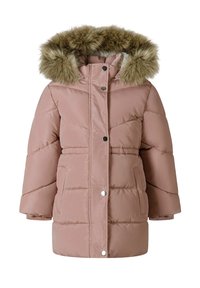 Manteau d'hiver rose rembourré avec capuche à fourrure, boutons-pression et coutures horizontales. Dispose de poches latérales pour le rangement.