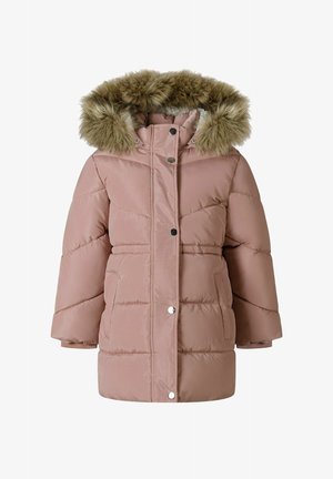 Pletený růžový zimní kabát s kapucí lemovanou kožešinou, patentními knoflíky a horizontálním prošíváním. Obsahuje boční kapsy pro úložný prostor.