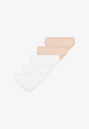 Cinq culottes sans couture pour femmes en deux couleurs, trois blanches et deux beiges, disposées en rangée décalée sur un fond blanc.