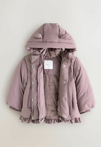 Purple puffy jacket with a hood featuring bear ears, snap buttons, and a soft, furry lining. Ruffled hem detail at the bottom.