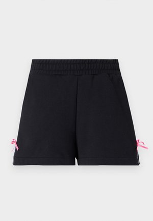 Shorts noirs avec ceinture élastique, ourlet droit et petits nœuds en ruban rose de chaque côté près des bords inférieurs.