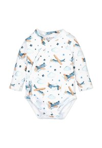 Langærmet hvid baby bodystocking med et mønster af blå fly, skyer og stjerner; lavet af blød, åndbar bomuld. Trykknaplukning i bunden.