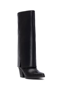 Bota de cuero negra hasta la rodilla con punta cuadrada, tacón alto en bloque, diseño elegante y textura suave. Sin hardware ni patrones visibles.