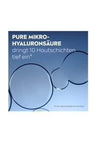 Clear droplet shapes in various sizes against a soft blue background, with the text featuring bold, white typography overlaying the design.