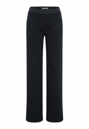 Sorte vide bukser fremstillet af blødt stof, med elastisk talje og uden synlige lommer eller pynt.